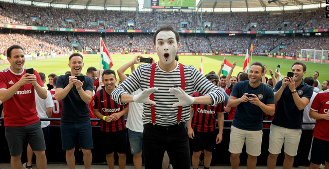 A mime performer in a striped shirt with red suspenders and white gloves entertains a crowd at a packed soccer stadium, with fans taking photos and Hungarian flags visible in the background.