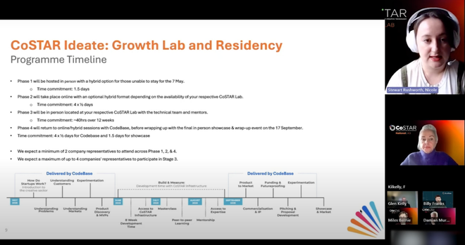 Slide titled “CoSTAR Ideate: Growth Lab and Residency Programme Timeline” featuring bullet-point Phase 1–4 timelines and a bottom “Delivered by CodeBase” timeline graphic. On the right, a video conference shows two speakers with a grid of participants.