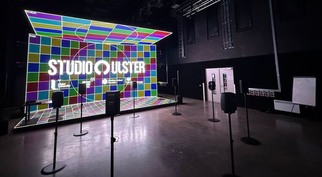 Studio Ulster interior speakers x 8 in a circle in front of VP screen 