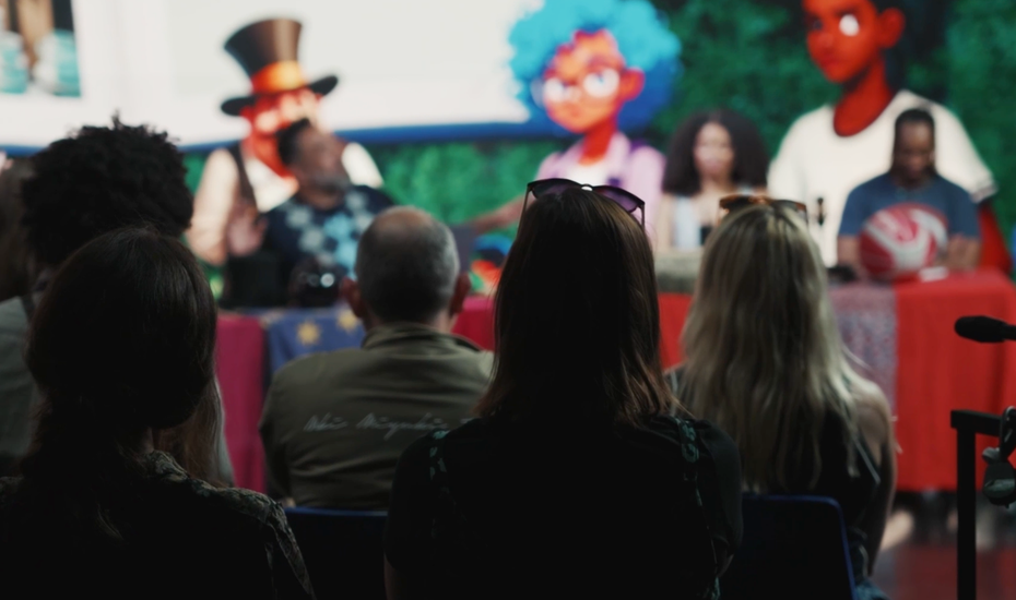 photo of audience from behind with improv actors in front of them and AI generated background
