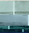 This image shows a fragmented panorama of a serene Finnish landscape, divided into four horizontal sections. The topmost section shows a distant shoreline dotted with buildings and rolling hills, painted in muted green-blue hues. Below, a body of water stretches across the frame. The third and fourth section show a zone of tall grass at the water's edge and some foliage from trees. The image color palette shifts subtly from pale aqua at the top to deeper teal tones at the bottom. This fragmented presentation of the landscape evokes thoughts of memory, perception, and the layered nature of our relationship with the environment.