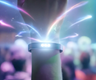 A hand wearing a smart wristband with light emanating from it