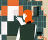 an illustration of a woman interacting with digital tiles which have binary code stretching behind it demonstrating AI creativity 