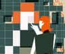 This image shows an individual with orange hair interacting with a large, abstract digital mirrored structure. The structure is composed of squares in varying shades of green, orange, white, and black which are pieced together to reflect the individual’s figure. The figure's hand is extended as if pointing to or interacting with the mirrored structure. Behind the  structure are streams of binary code (0s and 1s) in orange, flowing towards the digital grid.